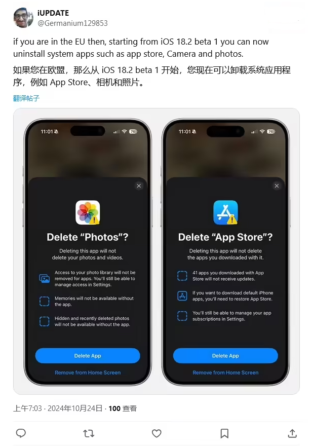 会文镇苹果手机维修分享iOS 18.2 支持删除 App Store 应用商店 