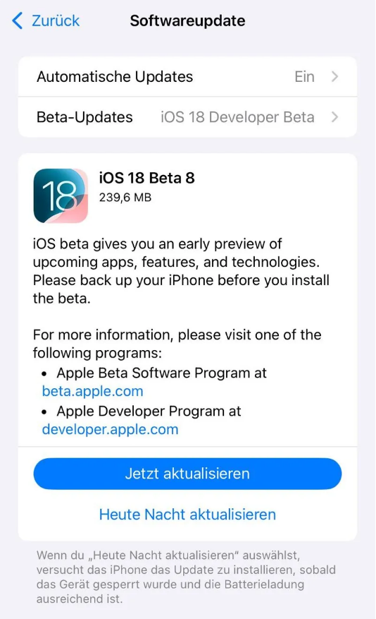 会文镇苹果手机维修分享苹果 iOS / iPadOS 18 开发者预览版 Beta 8 发布 